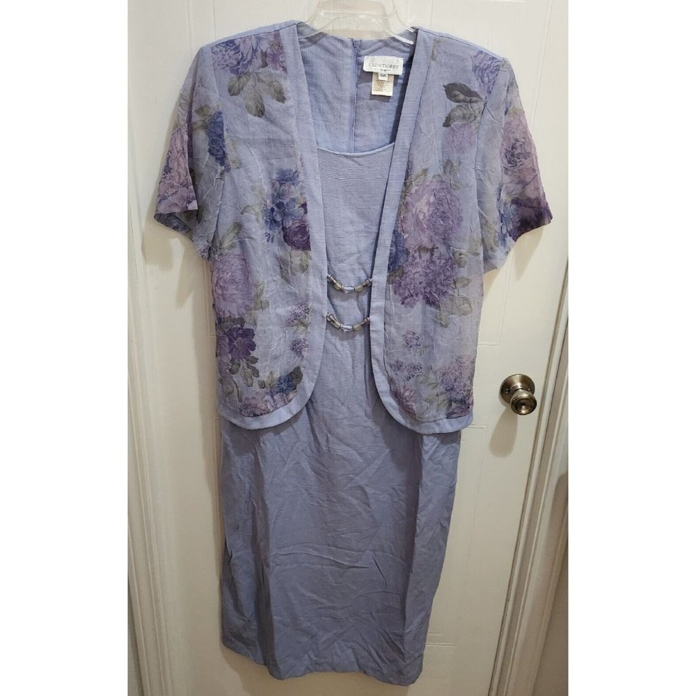 Vtg Lady Dorby Women's Purple‎ Dress Attached Floral Jacket Beads Plus Size 18W